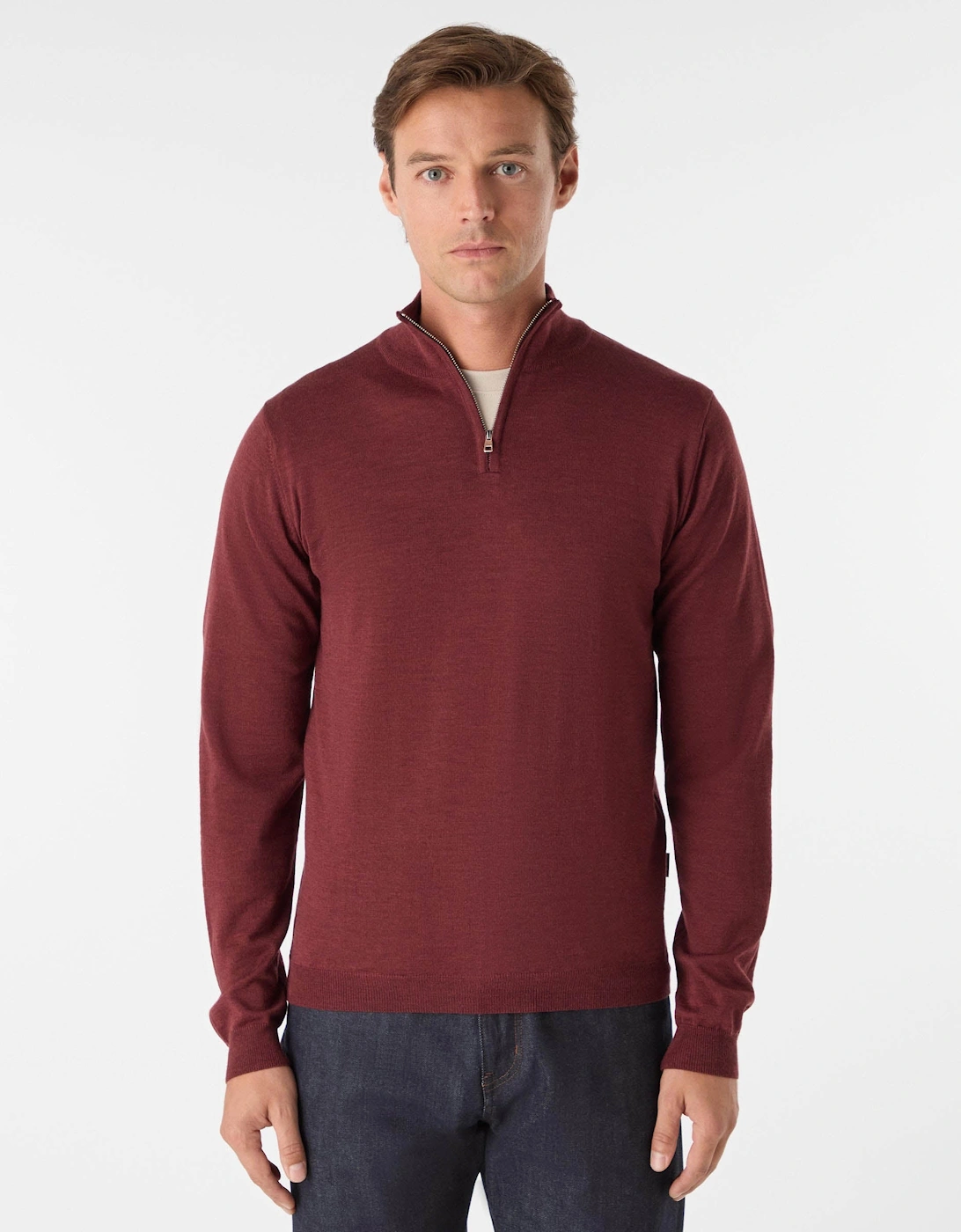 Curragh Mens 1/4 Zip Funnel Neck Merino Wool Jumper - Mulberry Marl, 2 of 1