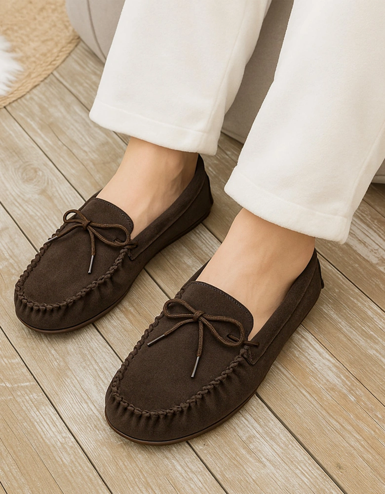 BRUCE Mens Moccasin Slippers Dark Brown