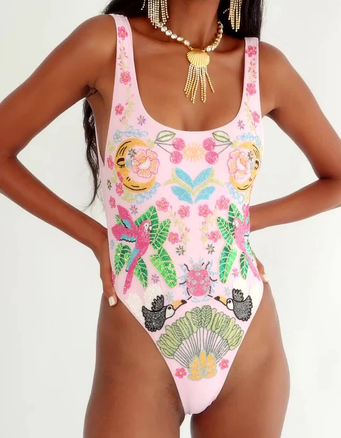 Rainforest Hand Beaded swimsuit Pink, 4 of 3