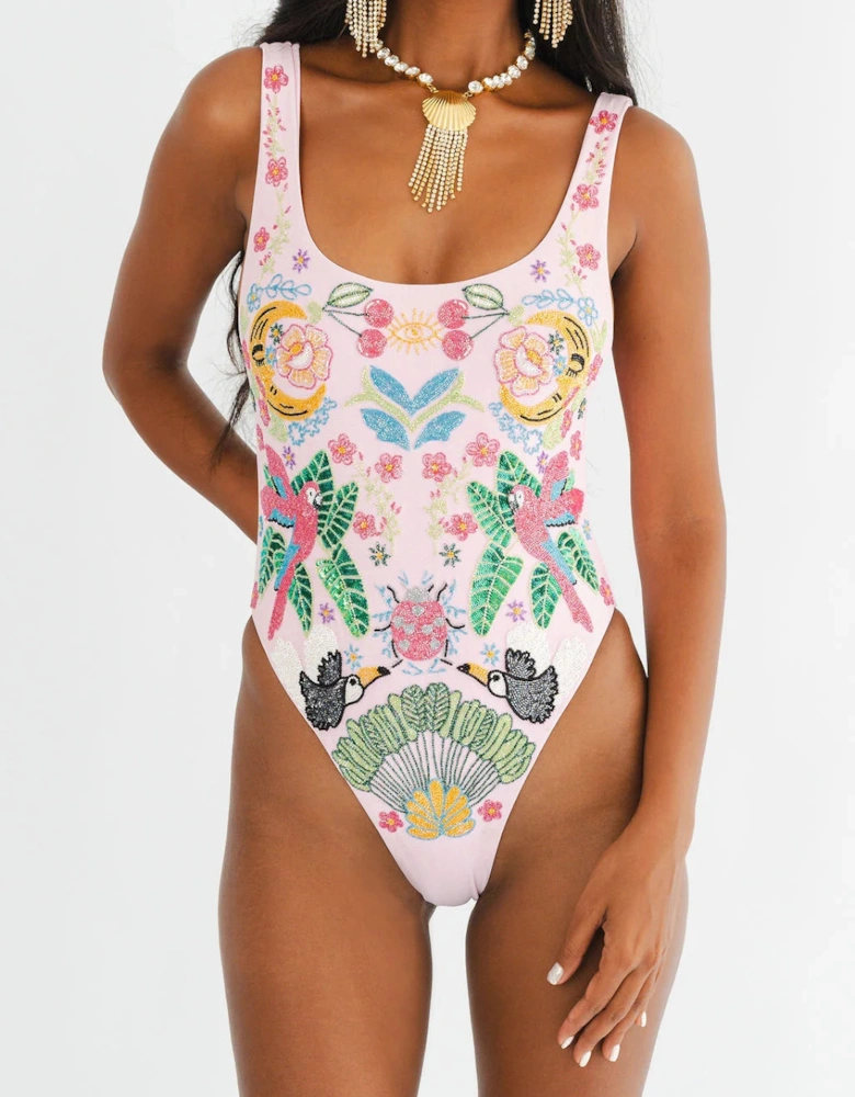 Rainforest Hand Beaded swimsuit Pink