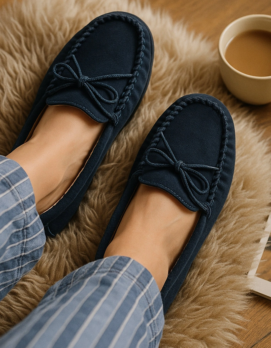 LILY Womens Moccasin Slippers Navy