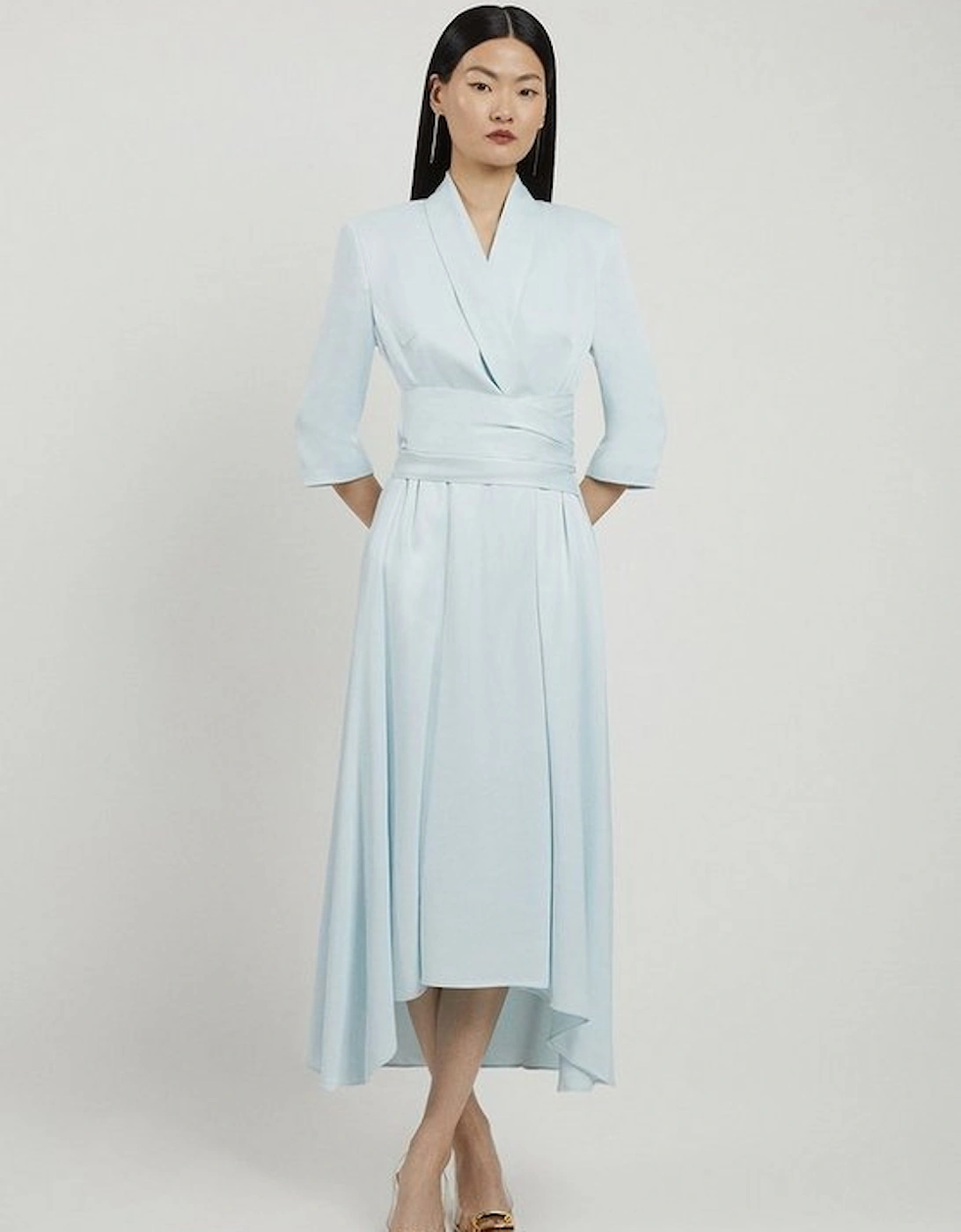 Satin Back Crepe Wrap Tie High Low Maxi Dress, 5 of 4