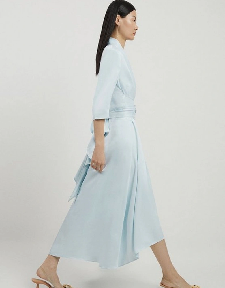 Satin Back Crepe Wrap Tie High Low Maxi Dress
