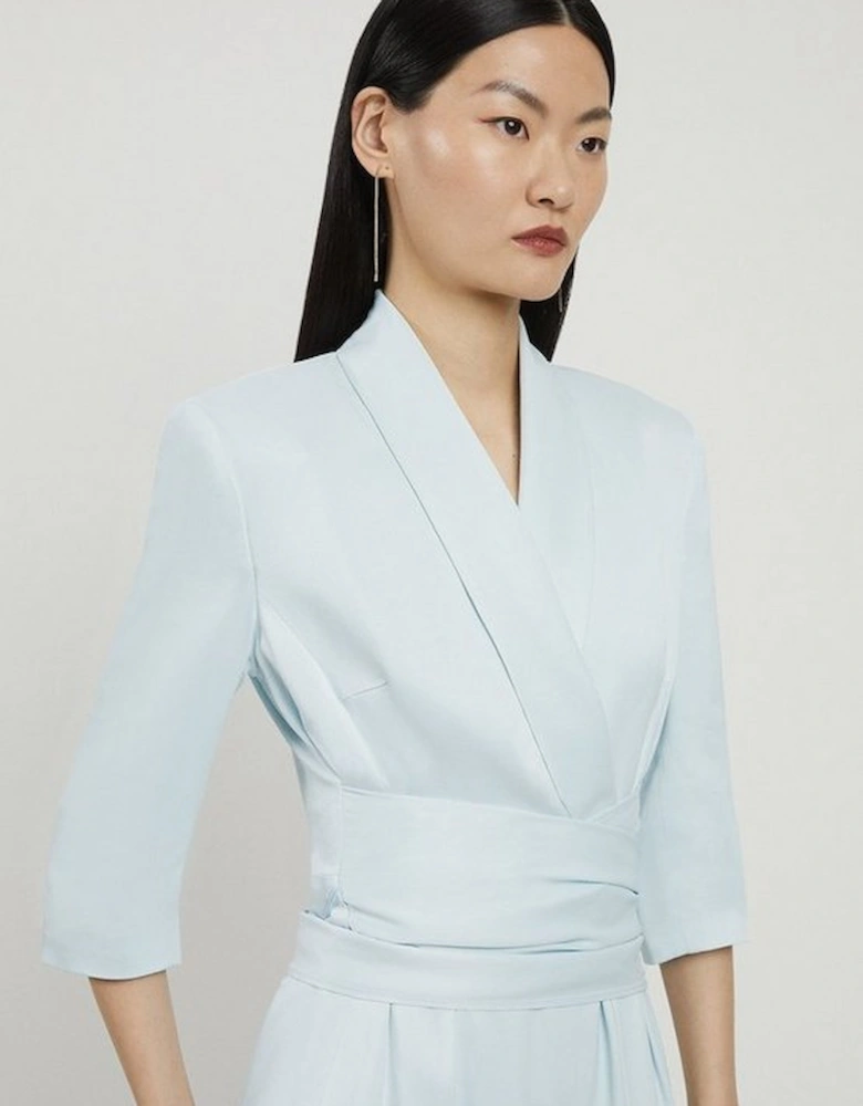 Satin Back Crepe Wrap Tie High Low Maxi Dress