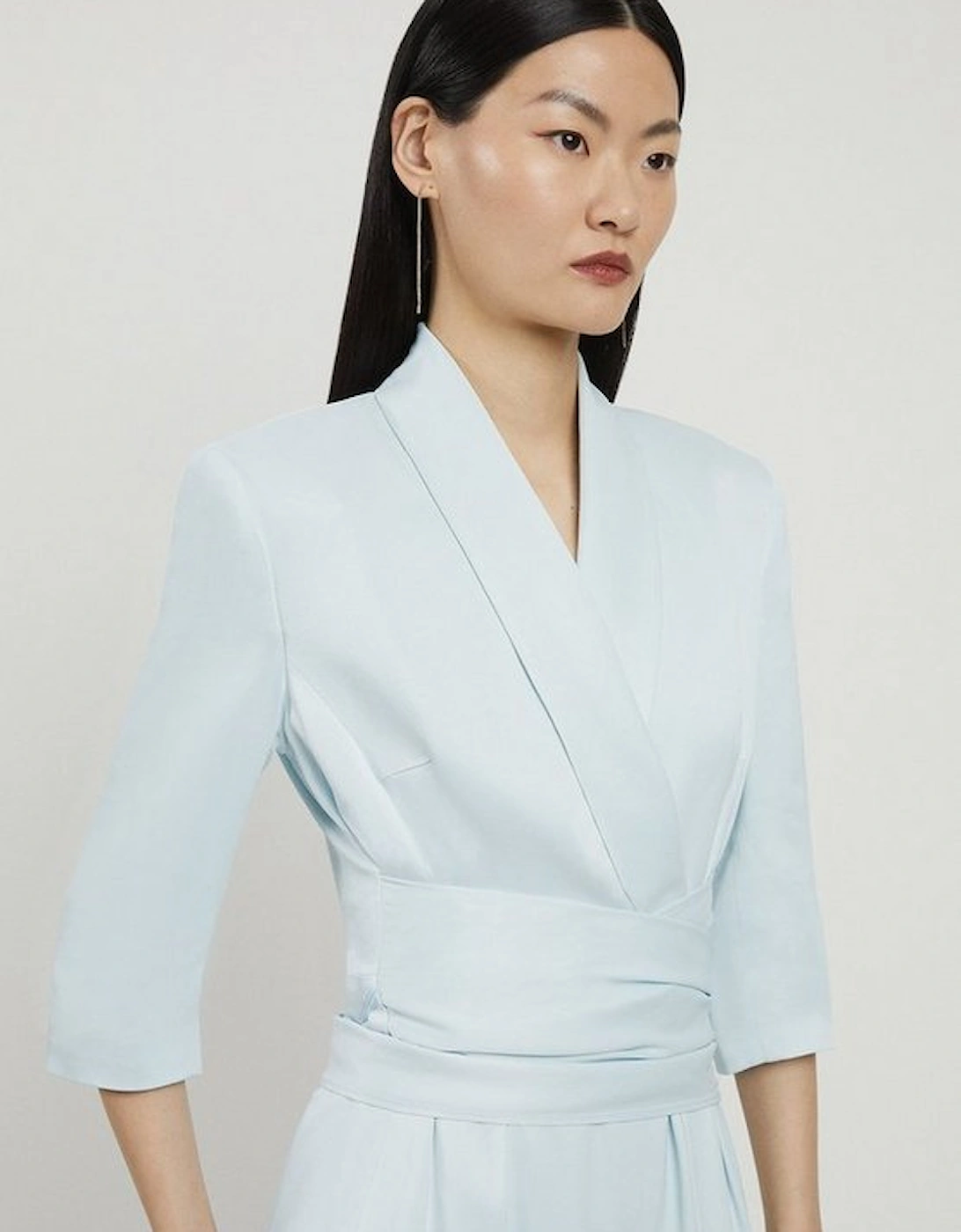 Satin Back Crepe Wrap Tie High Low Maxi Dress