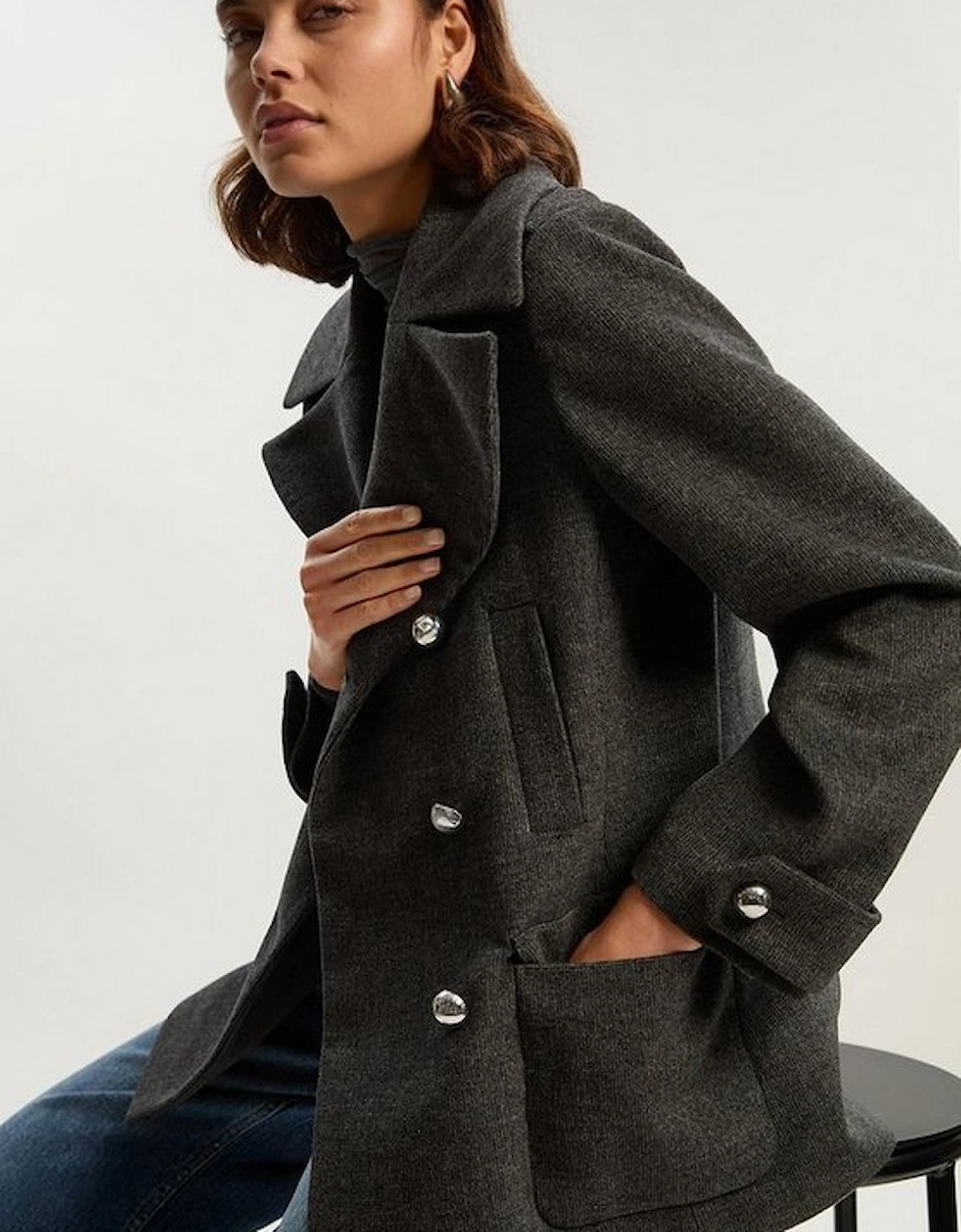 Brushed Wool Check Pocket Tailored Short Coat, 4 of 3