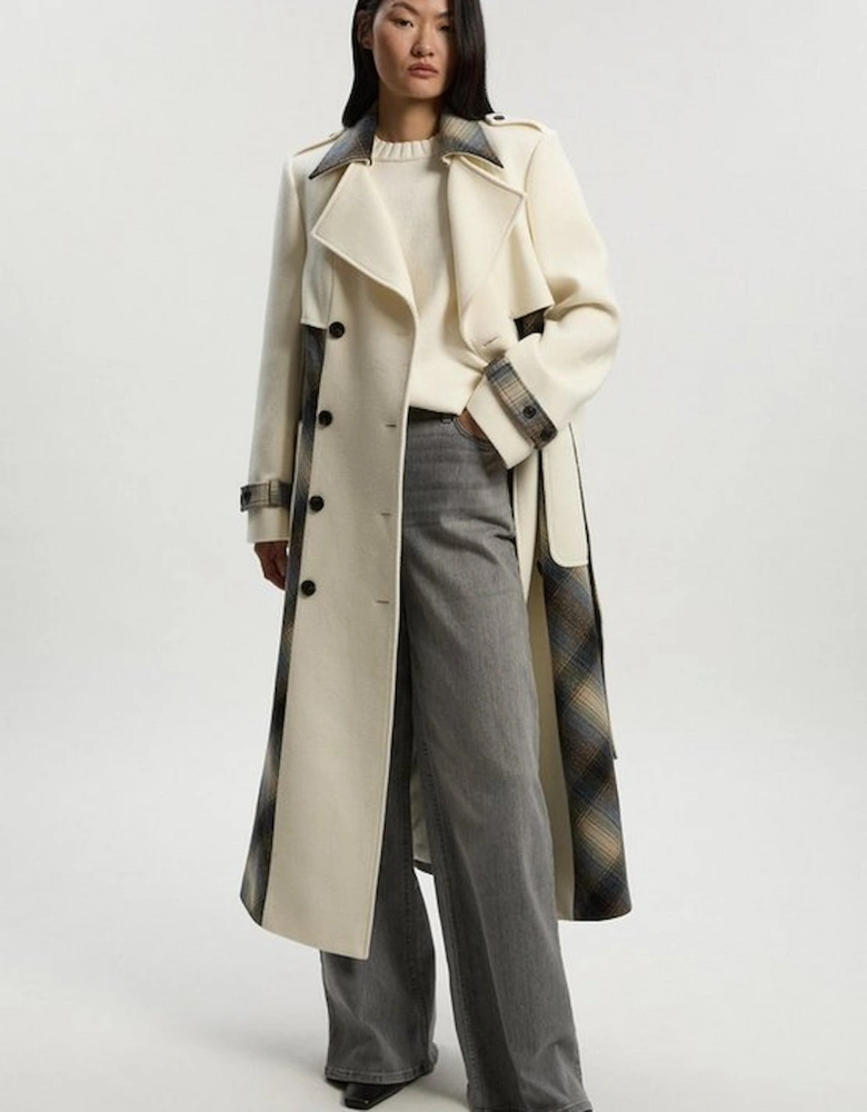 Wool Check Tailored Belted Trench Midi Coat