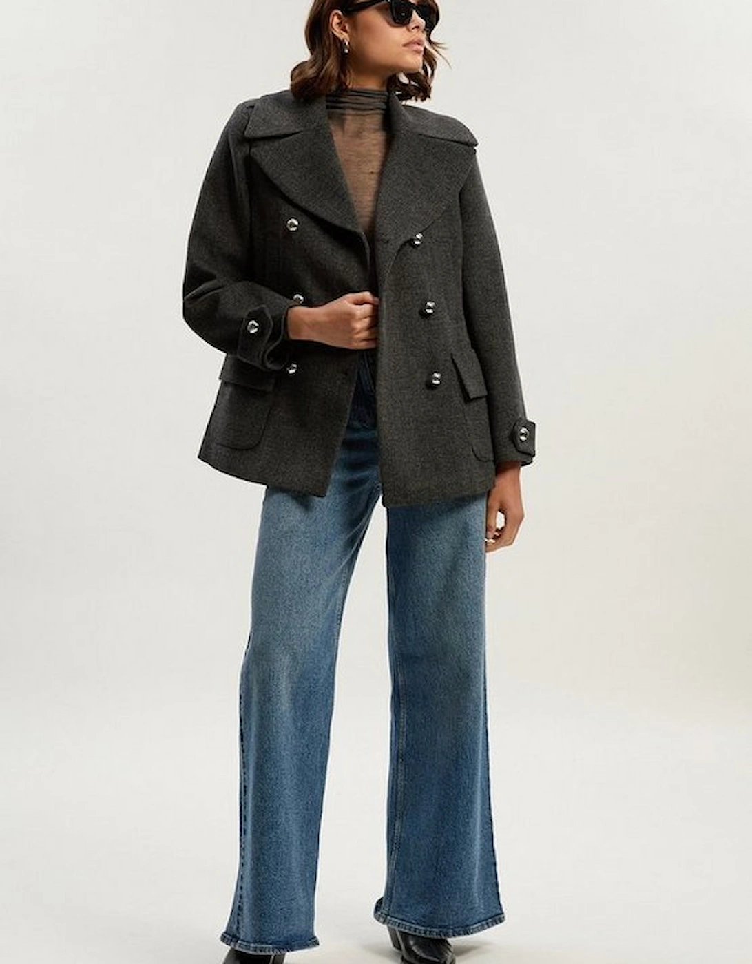 Brushed Wool Check Pocket Tailored Short Coat