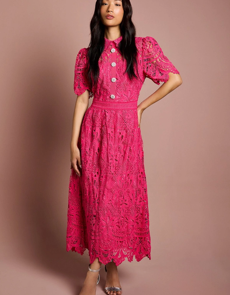 Short Sleeve Collared Lace Midi Dress