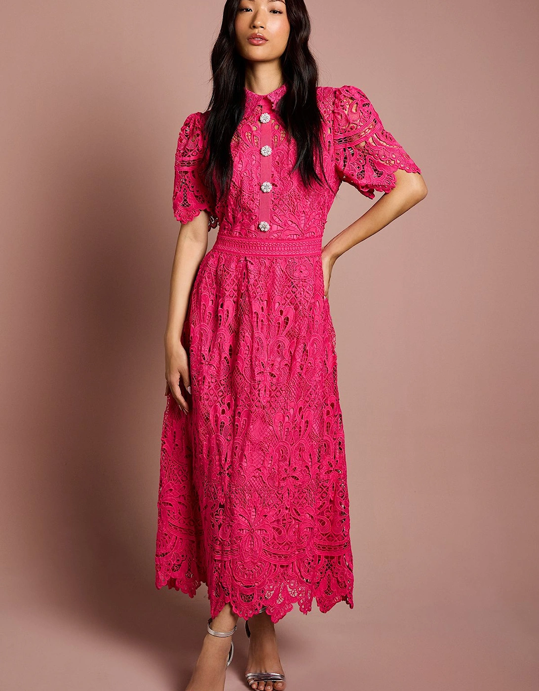 Short Sleeve Collared Lace Midi Dress, 2 of 1