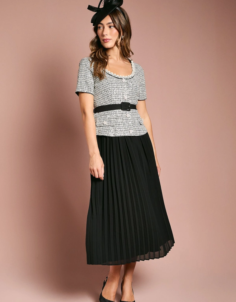 Tweed Bodice With Pleated Georgette Skirt And Diamante Trim