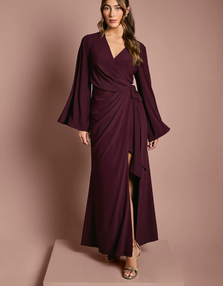 Wrap Waist Crepe Long Sleeve Bridesmaid Dress