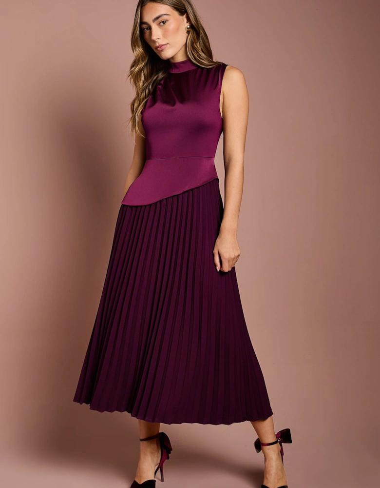 Drape High Neck Pleated Skirt Midi Dress