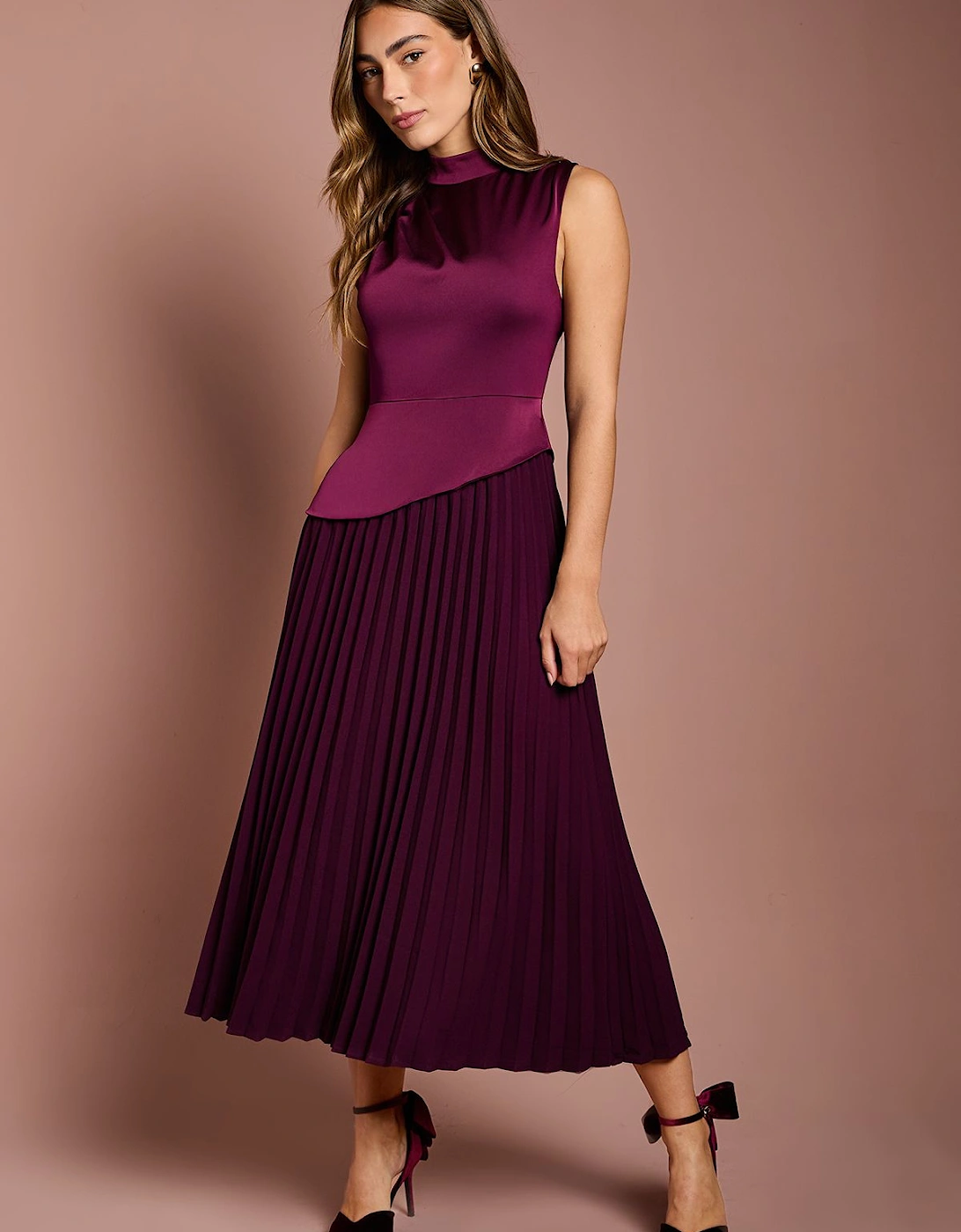 Drape High Neck Pleated Skirt Midi Dress, 2 of 1