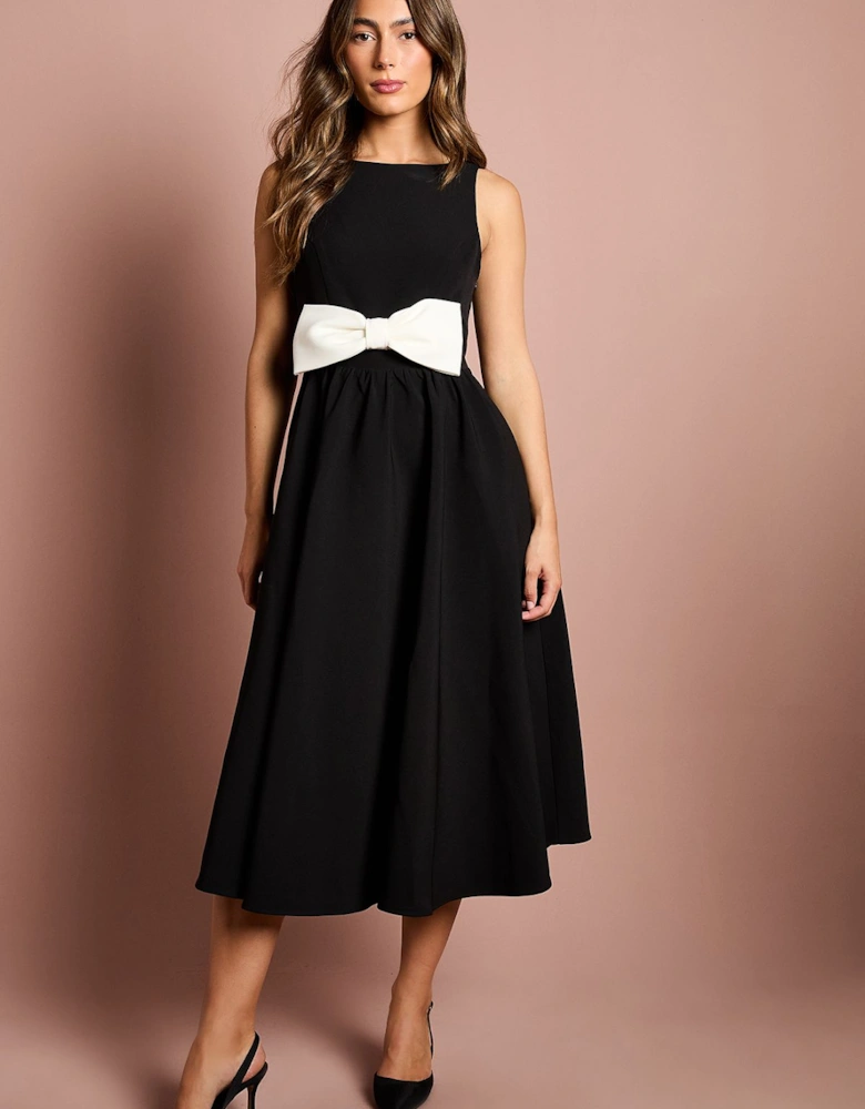 Sleeveless Crepe Midi Dress With Statement Bow