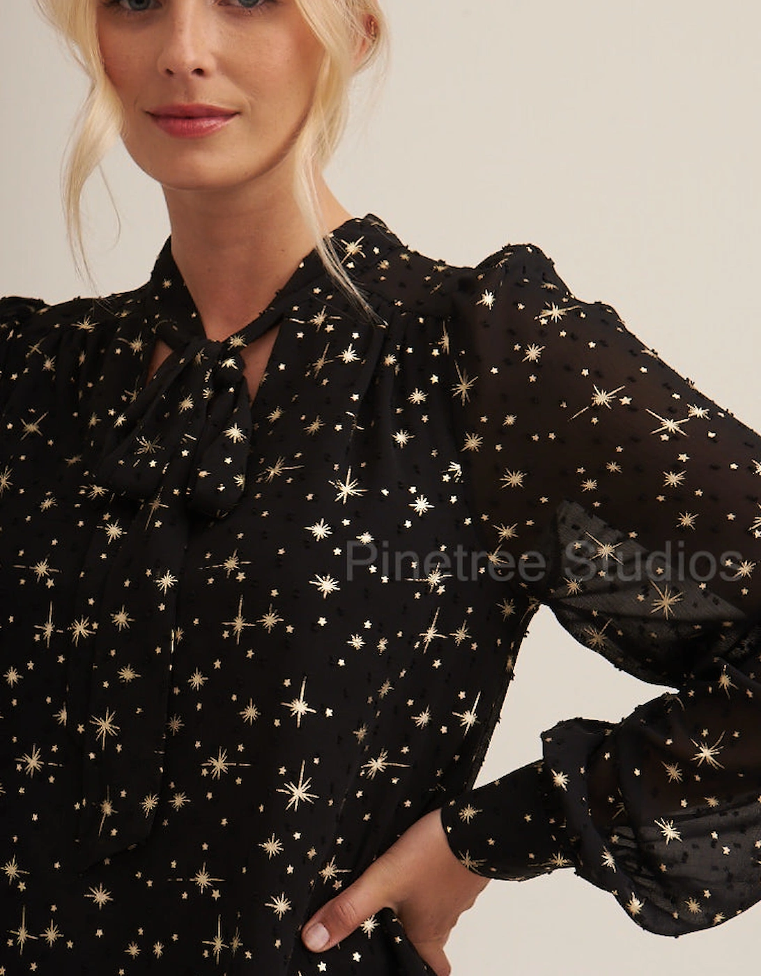 Black Dobby Star Chiffon Tie Neck Blouse