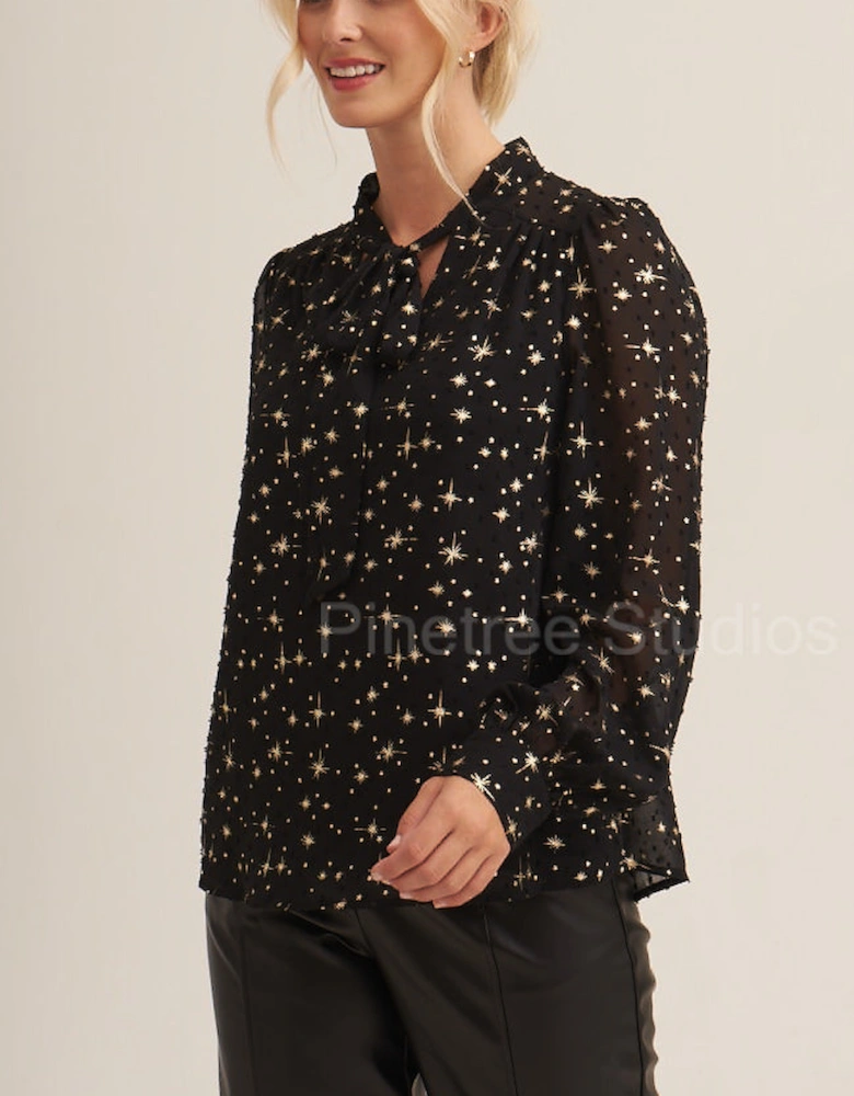 Black Dobby Star Chiffon Tie Neck Blouse