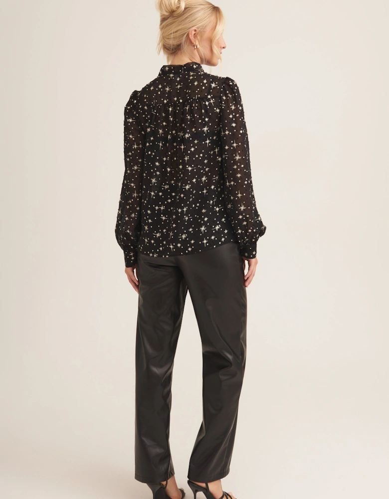 Black Dobby Star Chiffon Tie Neck Blouse