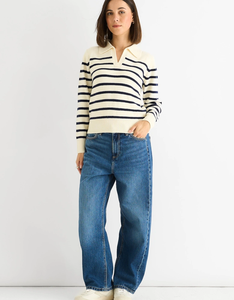 Cream Recycle Stripe V Neck Collar Knit Jumper