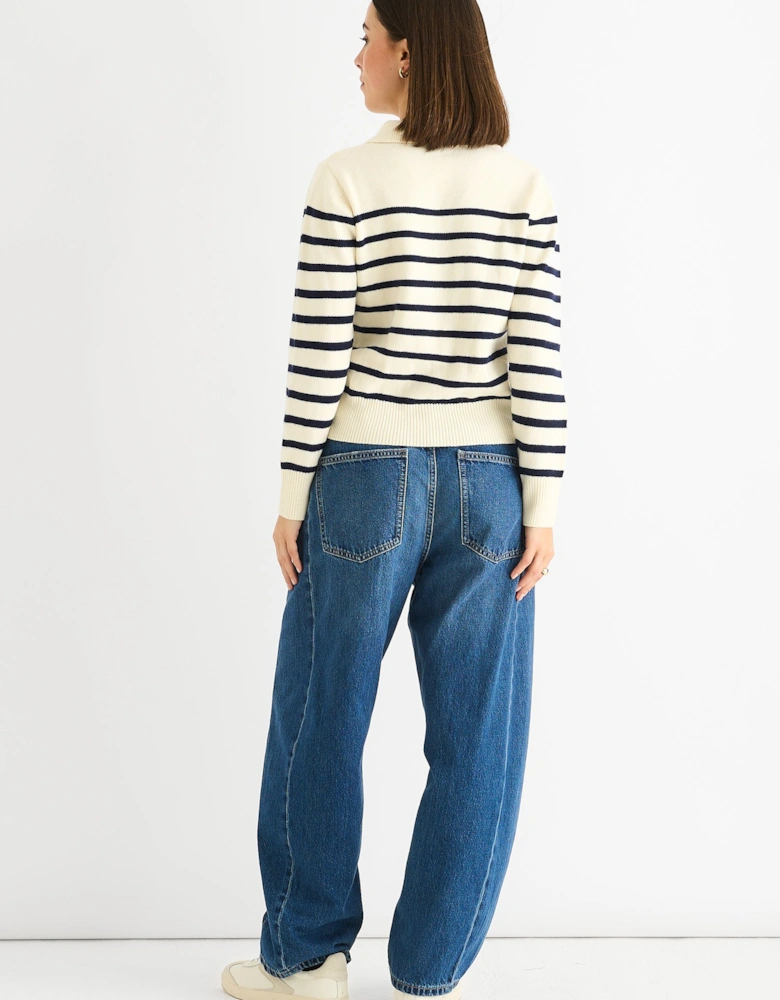 Cream Recycle Stripe V Neck Collar Knit Jumper