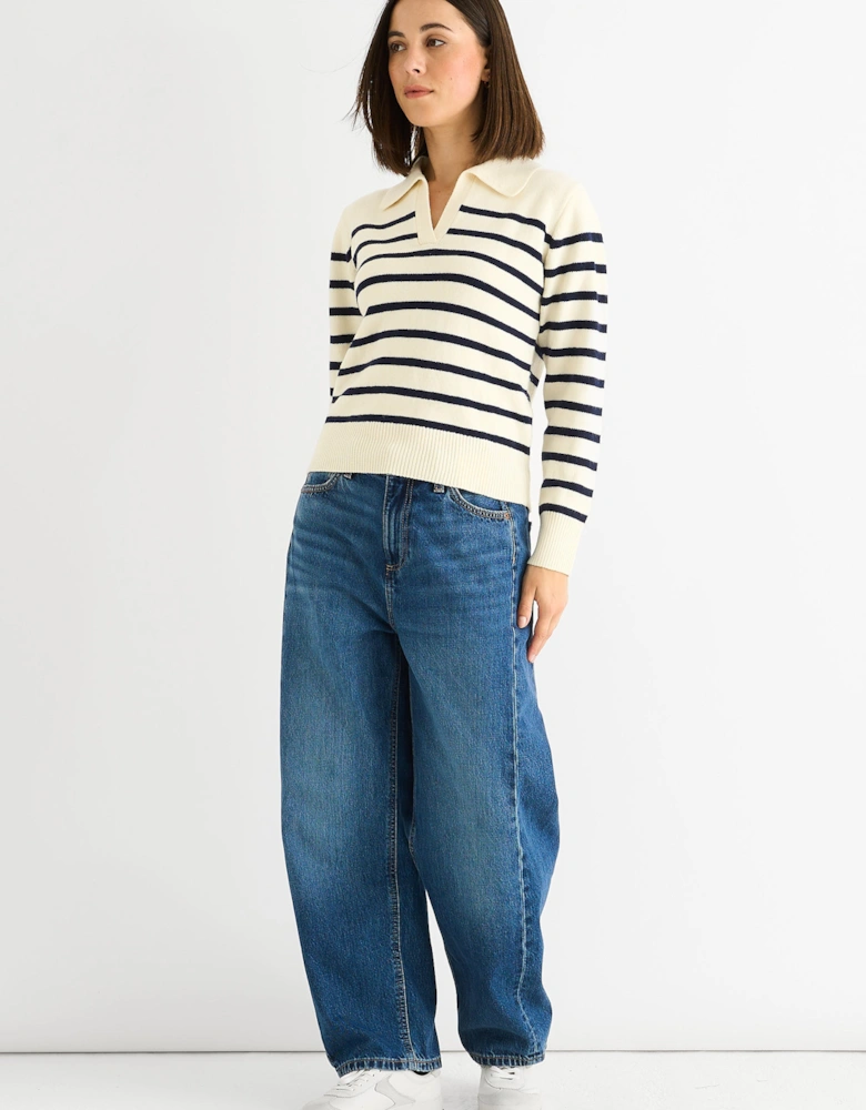 Cream Recycle Stripe V Neck Collar Knit Jumper