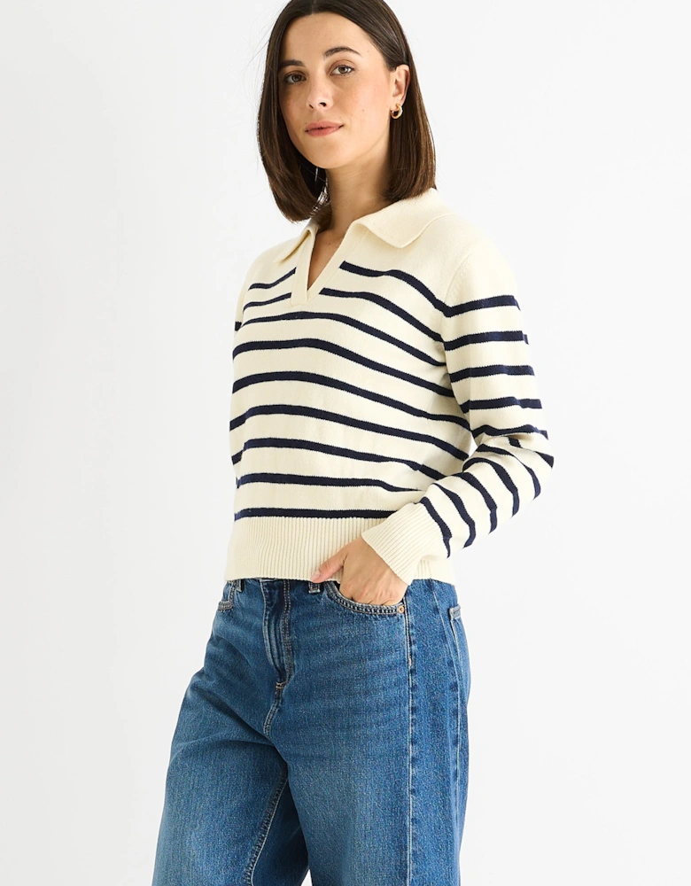 Cream Recycle Stripe V Neck Collar Knit Jumper