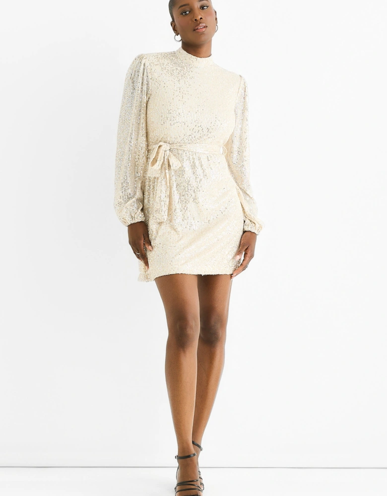 Cream High Neck Long Sleeves Belted Sequin Dress