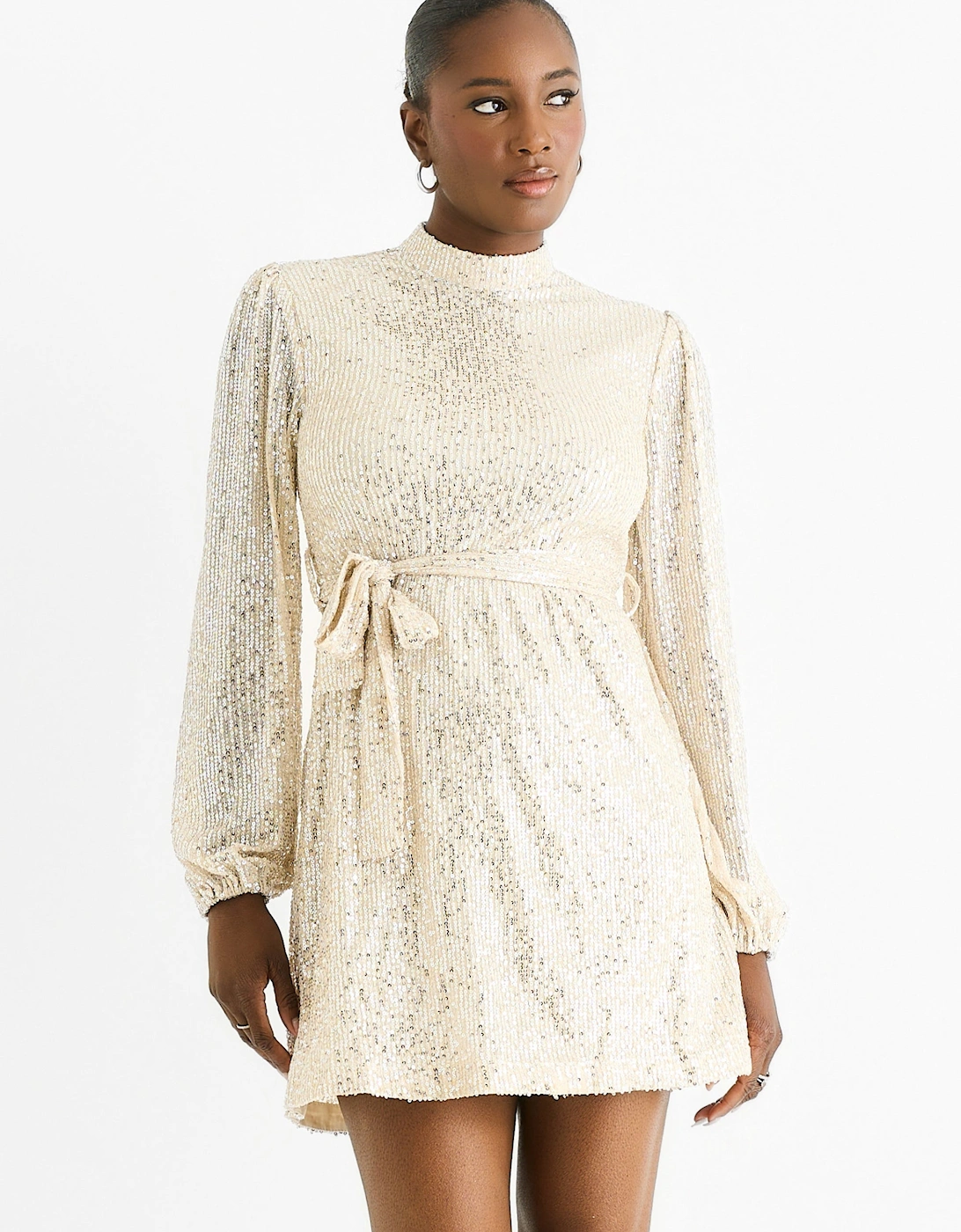 Cream High Neck Long Sleeves Belted Sequin Dress