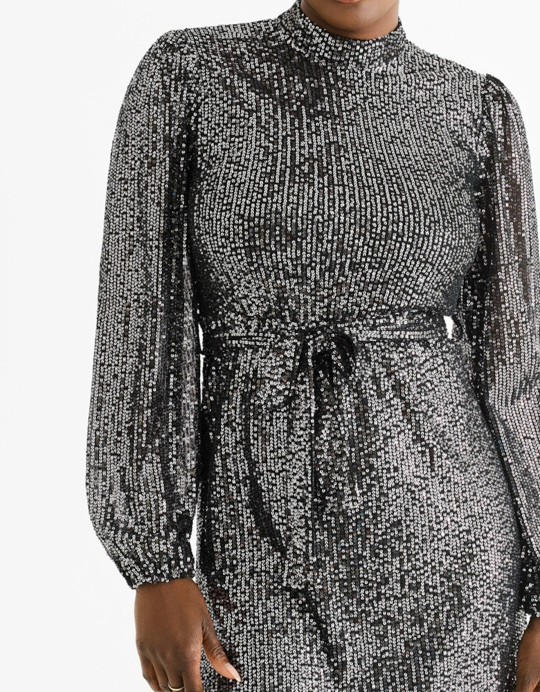 Black High Neck Long Sleeves Belted Sequin Dress