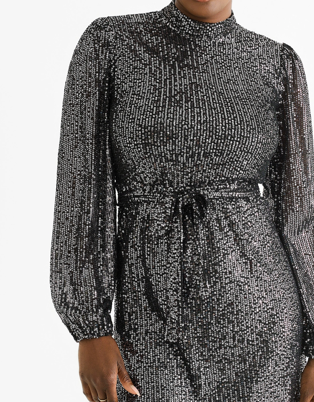 Black High Neck Long Sleeves Belted Sequin Dress