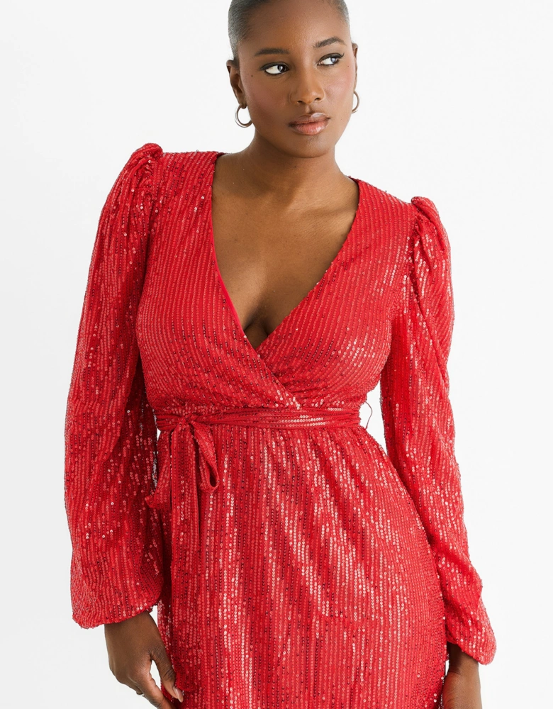 Bright Red Sequin V Neck Belted Mini Dress