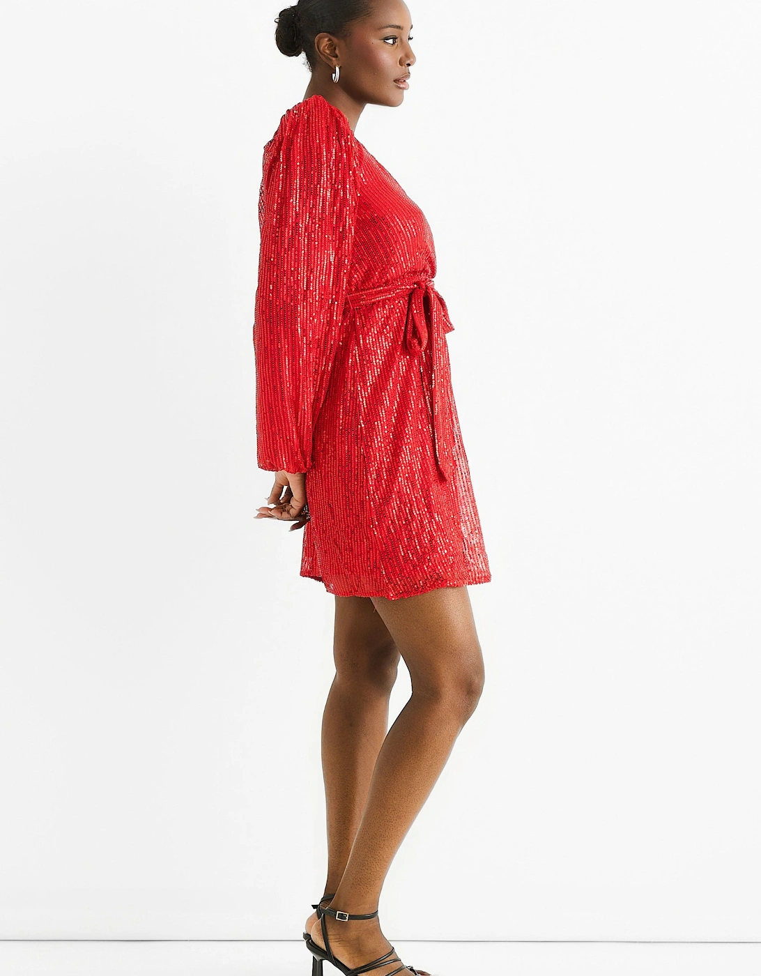 Bright Red Sequin V Neck Belted Mini Dress