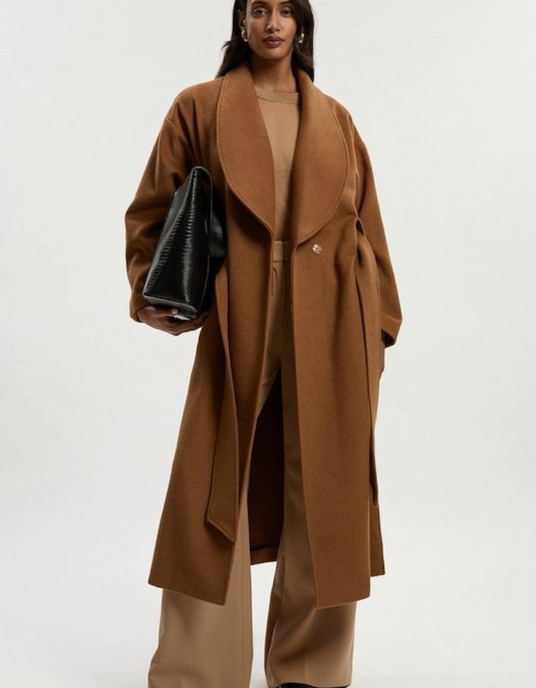 Brushed Wool  Belted Wrap Tailored Maxi Coat