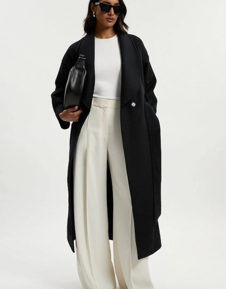 Brushed Wool  Belted Wrap Tailored Maxi Coat