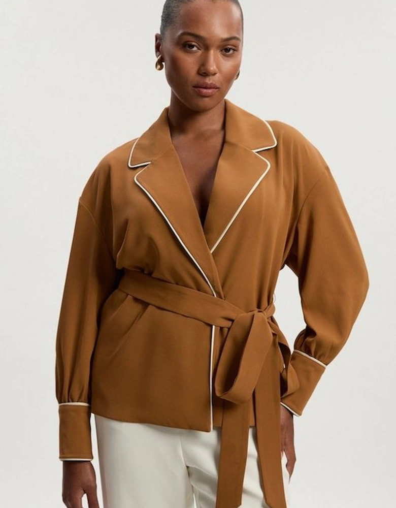 Plus Size Contrast Tipping Tie Waist Woven Trench Jacket