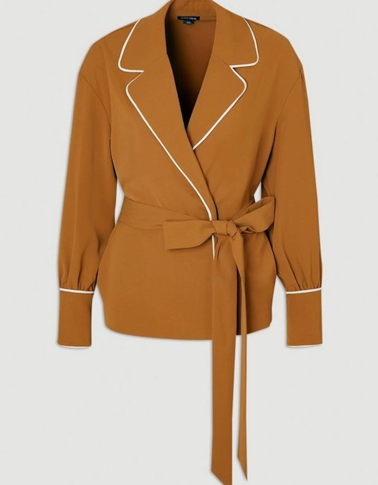 Plus Size Contrast Tipping Tie Waist Woven Trench Jacket