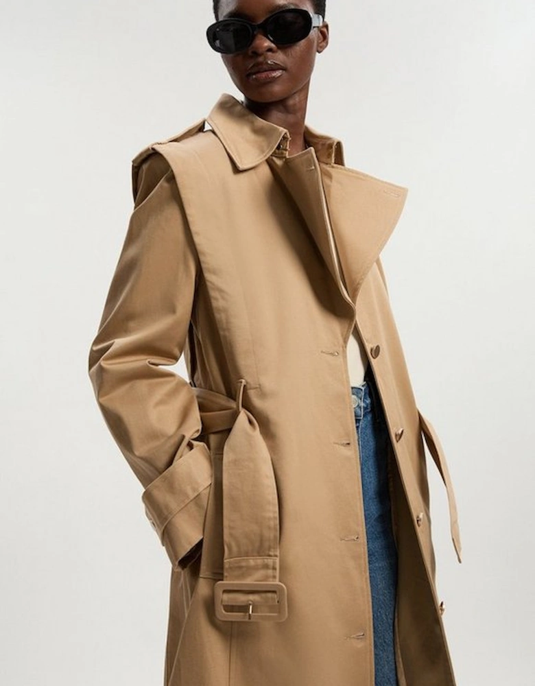 Strong Shoulder Belted Midi Trench Coat