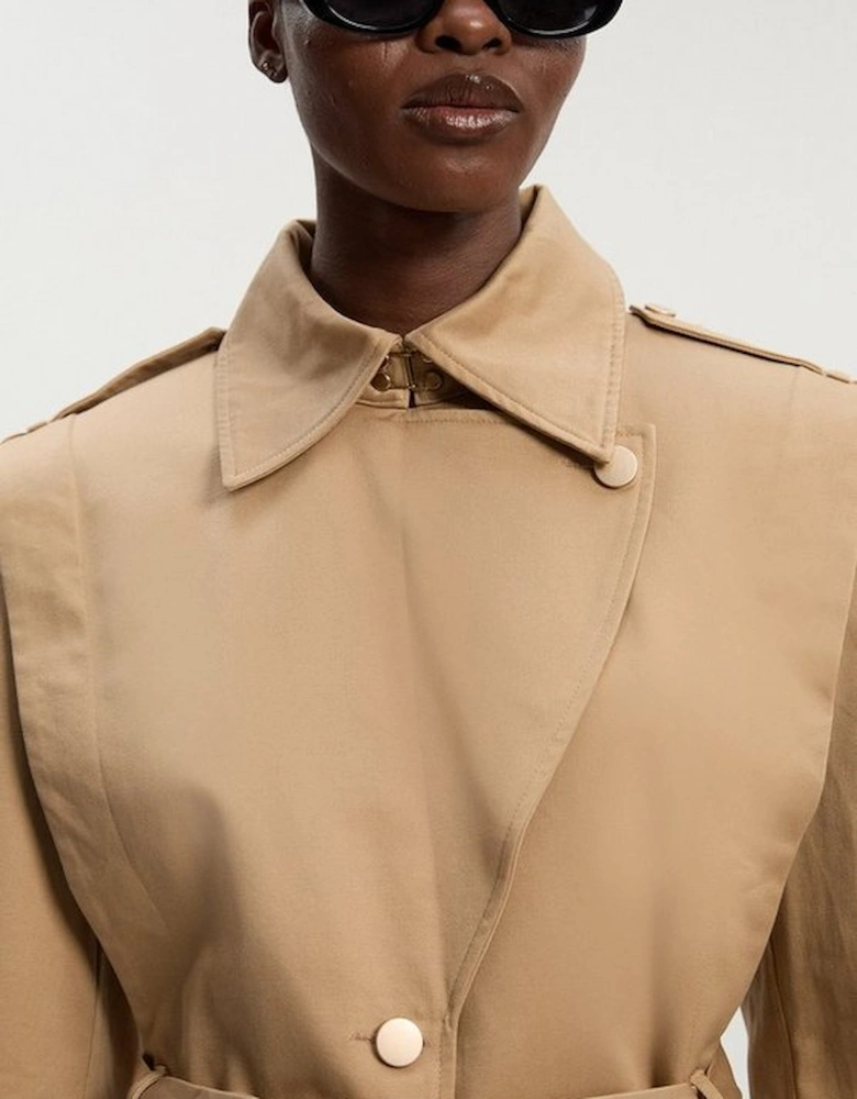 Strong Shoulder Belted Midi Trench Coat