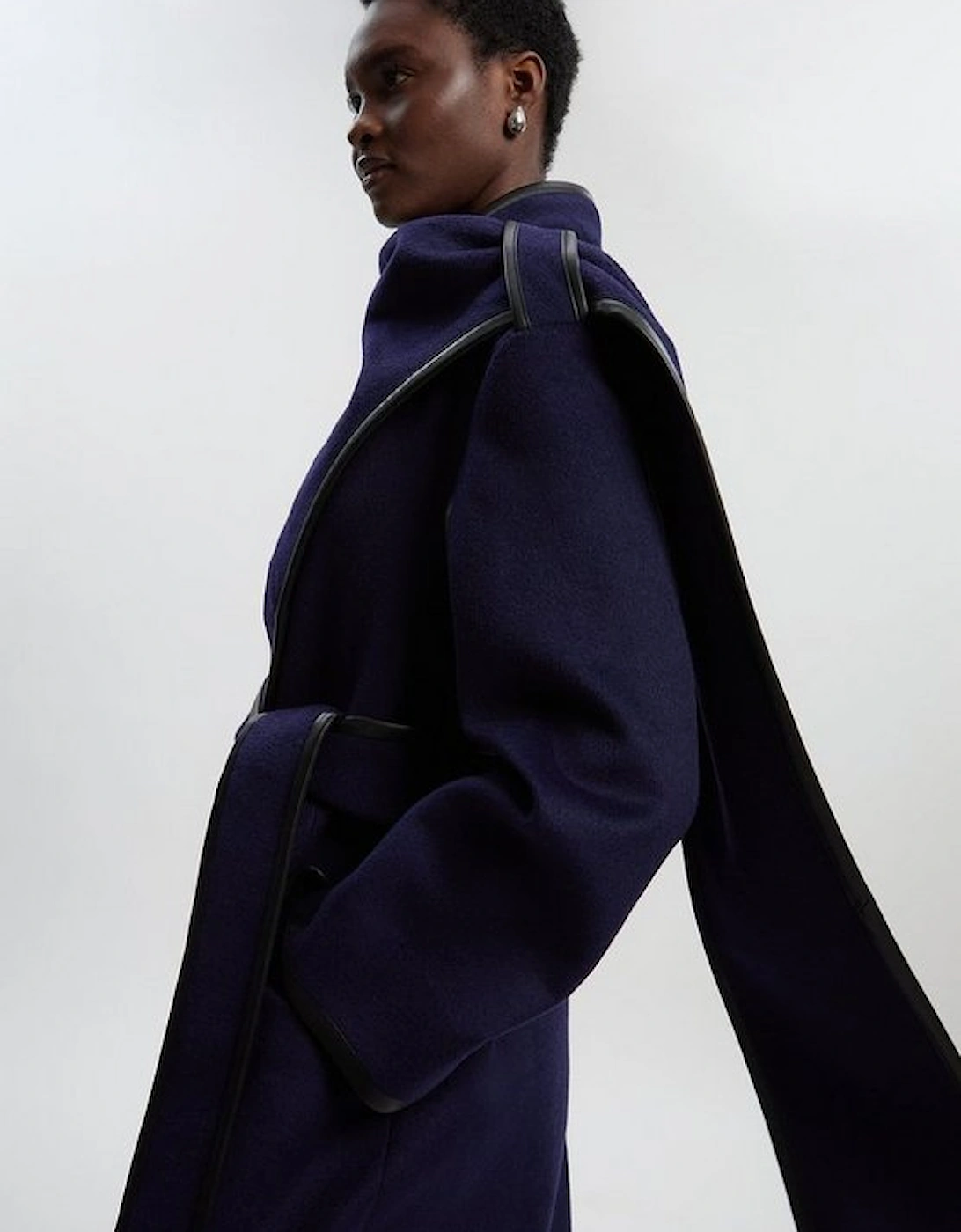 Brushed Wool Pu Mix Scarf Neck Belted Tailored Maxi Coat, 4 of 3