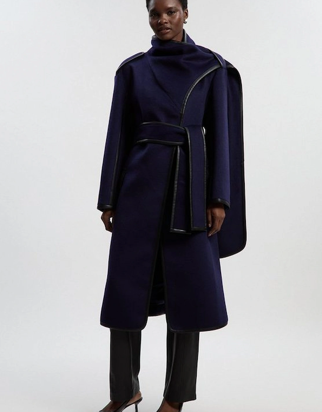 Brushed Wool Pu Mix Scarf Neck Belted Tailored Maxi Coat