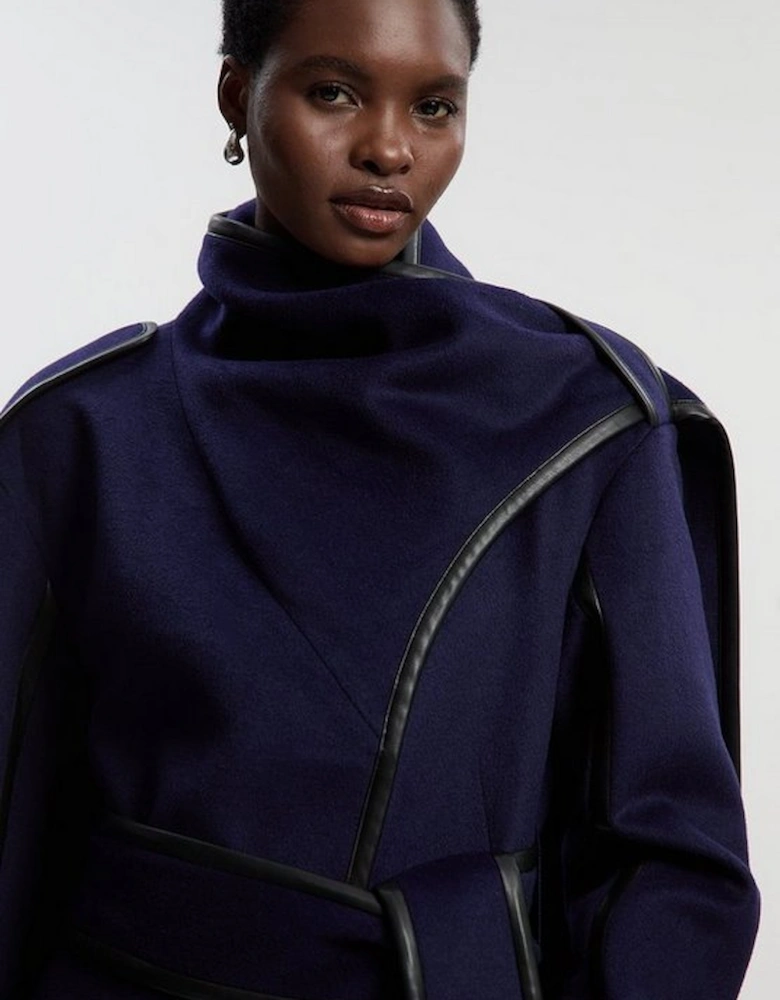 Brushed Wool Pu Mix Scarf Neck Belted Tailored Maxi Coat