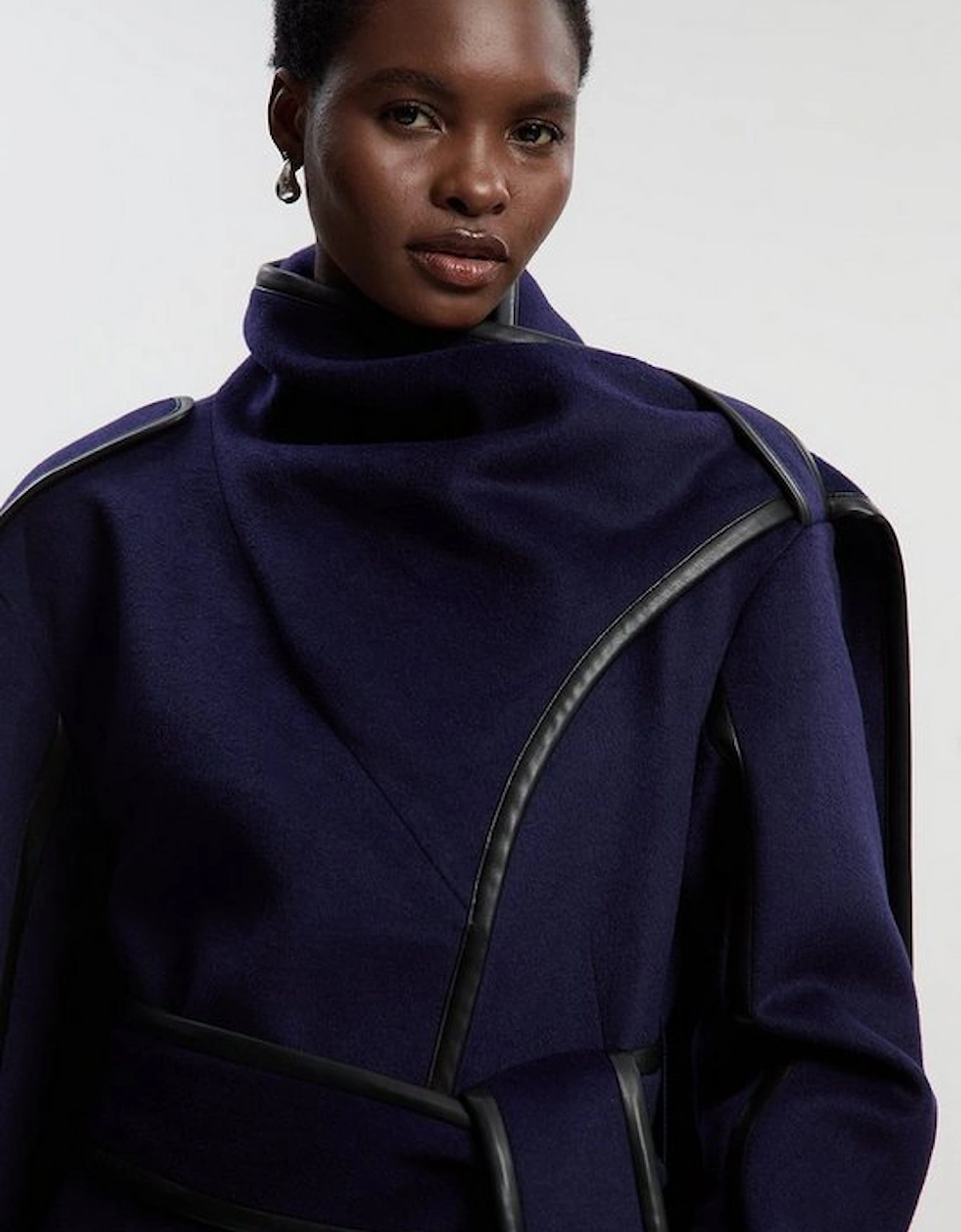 Brushed Wool Pu Mix Scarf Neck Belted Tailored Maxi Coat