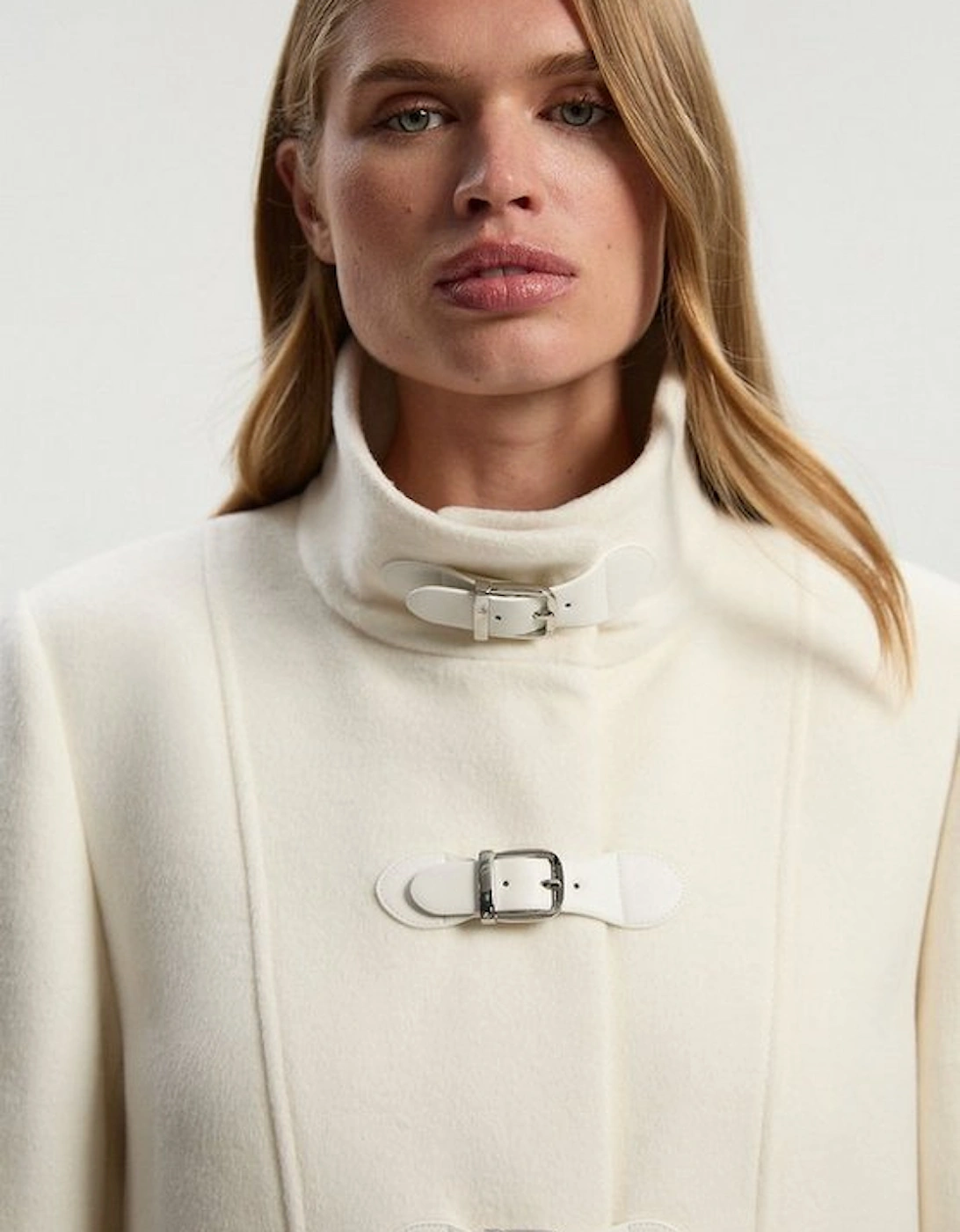 Brushed Wool And Shearling Buckle Detail Short Tailored Coat