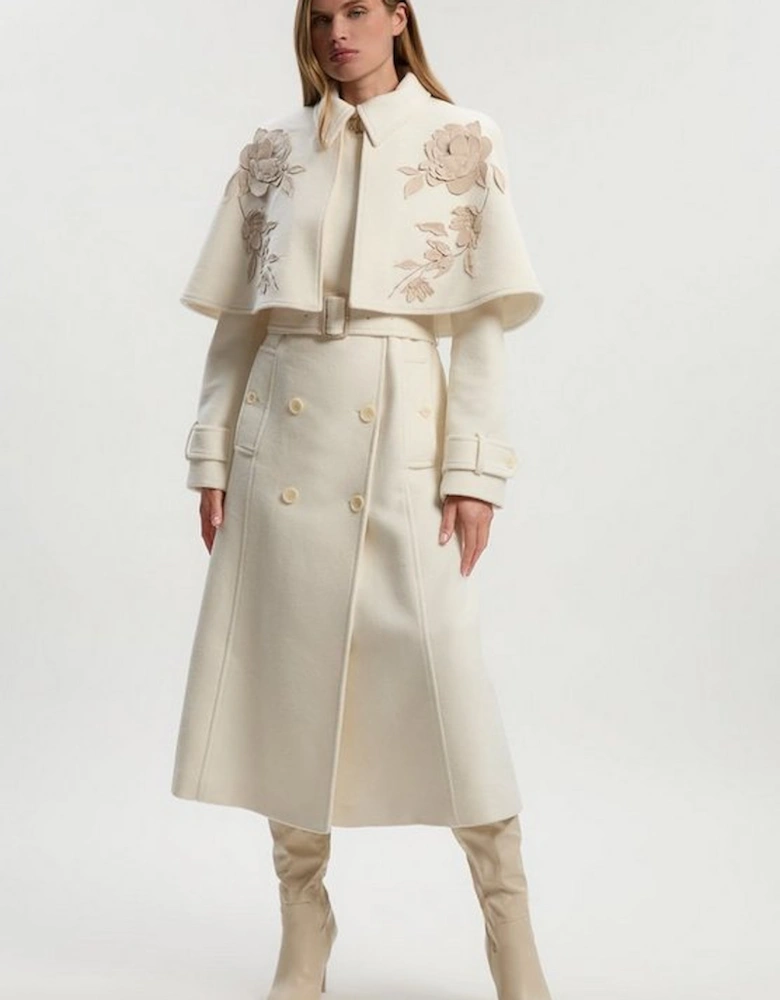 Brushed Wool Pu Mix Placed Floral Embroidery Applique Tailored Cape Full Skirted Midi Coat