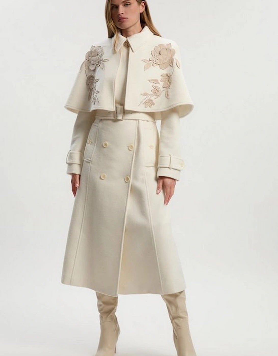 Brushed Wool Pu Mix Placed Floral Embroidery Applique Tailored Cape Full Skirted Midi Coat, 4 of 3
