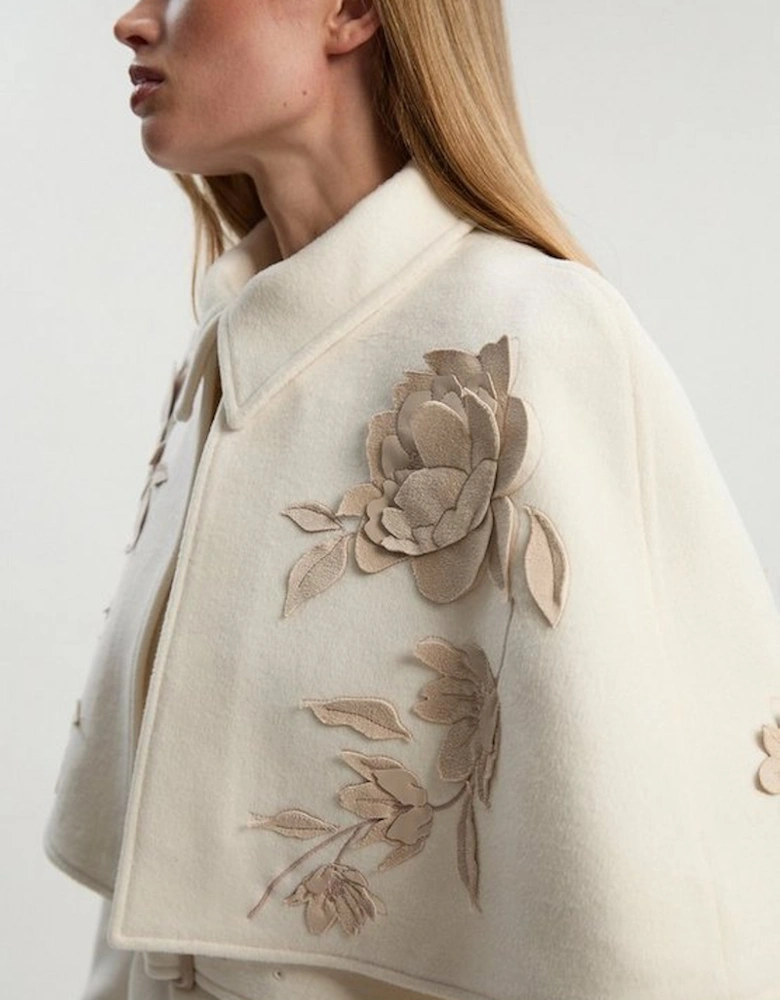 Brushed Wool Pu Mix Placed Floral Embroidery Applique Tailored Cape Full Skirted Midi Coat