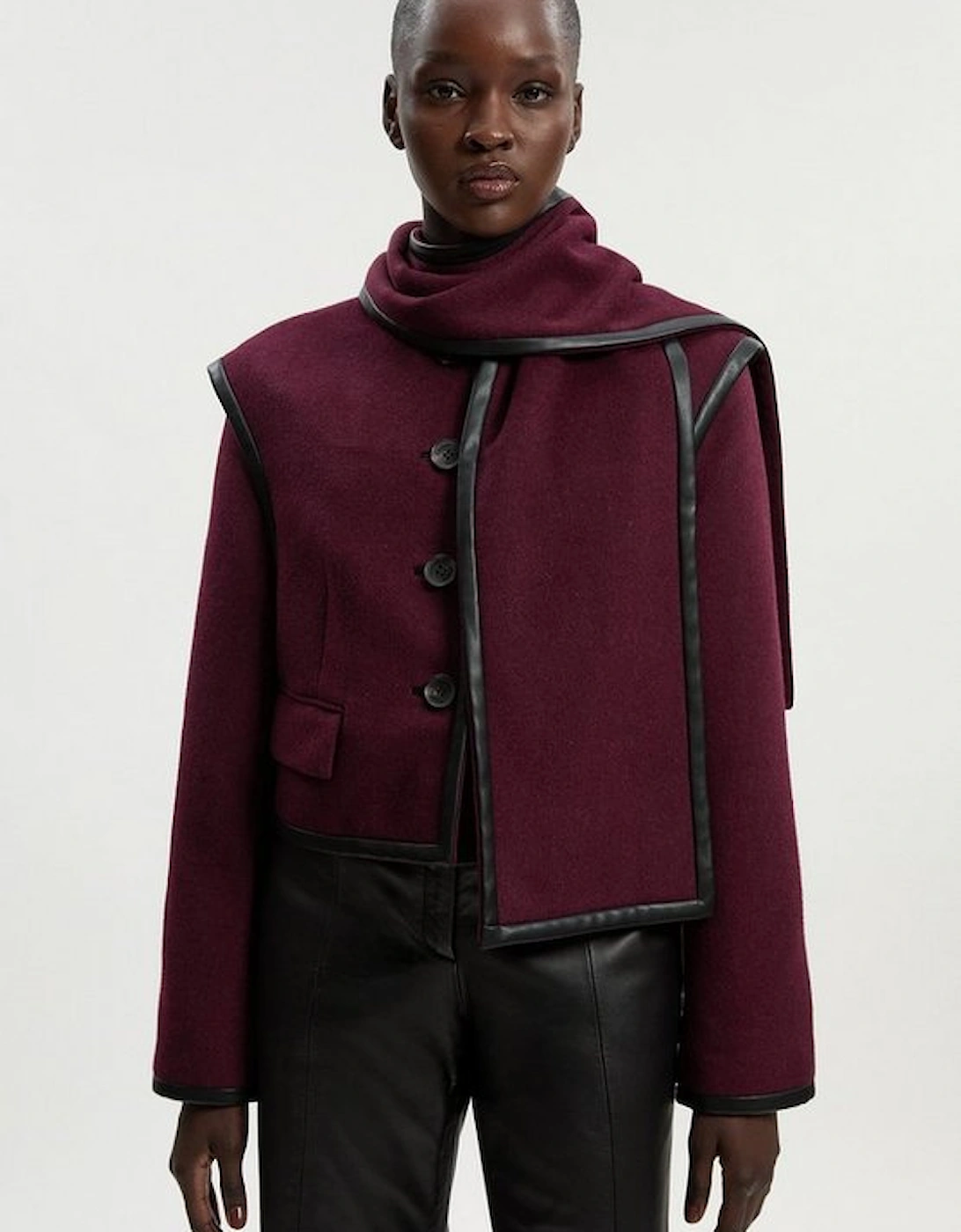 Brushed Wool Pu Mix Detachable Scarf Tailored Crop Coat, 5 of 4