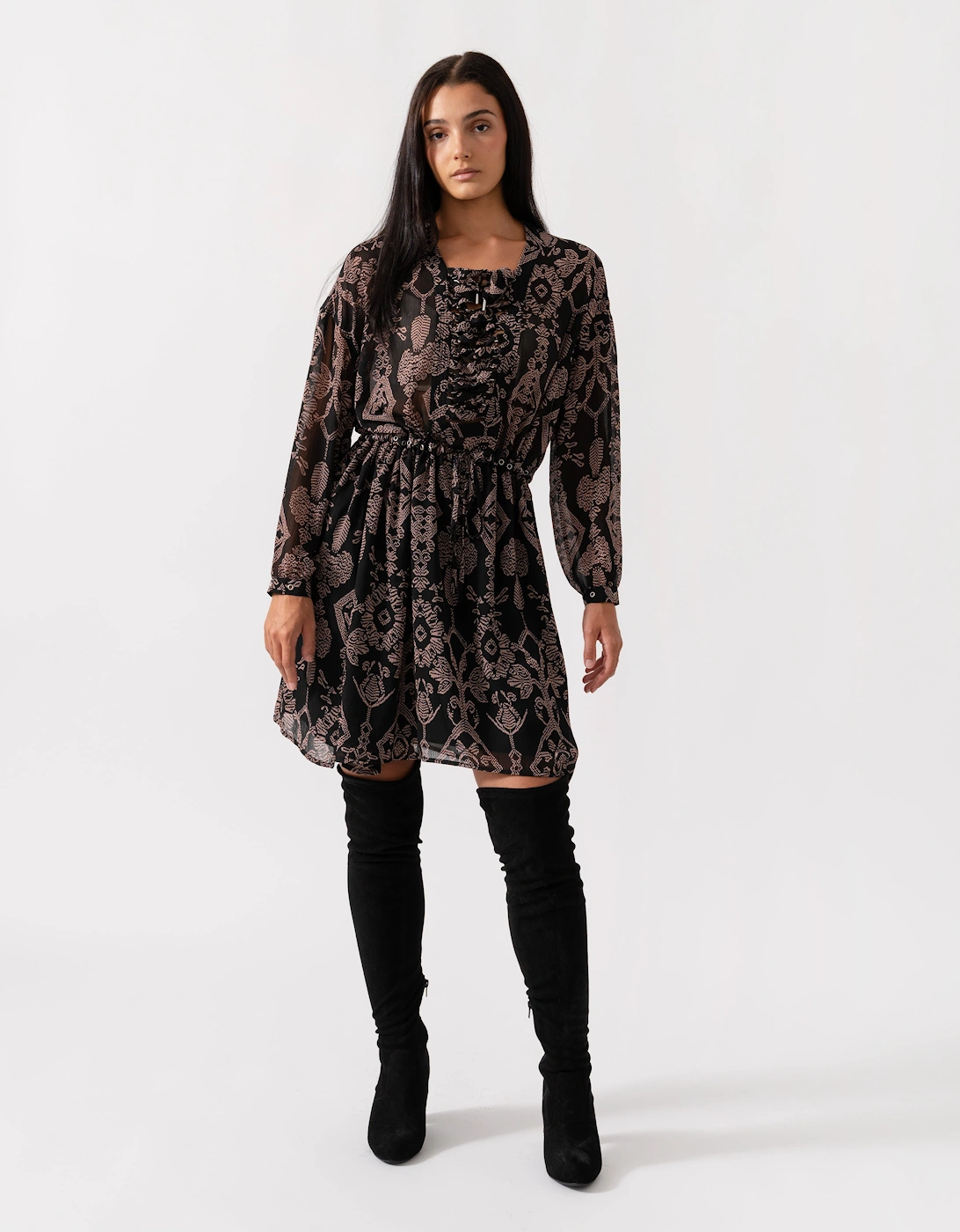 Maison Scotch Women's Maison Scotch Printed Sheer Lace Up Oversized Womens Dress - Black