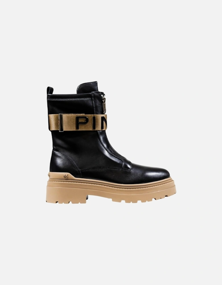 Round Toe Leather Boots with Zip Fastening Women - Black