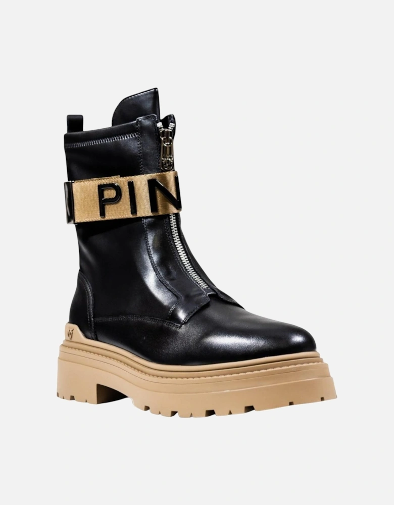 Round Toe Leather Boots with Zip Fastening Women - Black